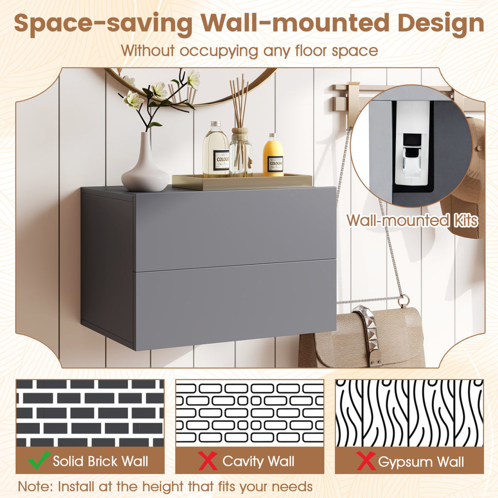 Floating Nightstand with 2 Drawers Wall Mounted - Gray