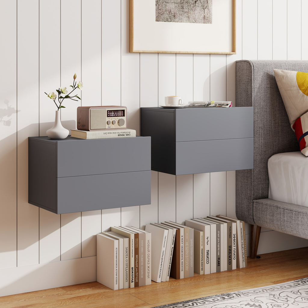 Floating Wall Nightstand with 2 Storage Drawers, Black - Set of 2