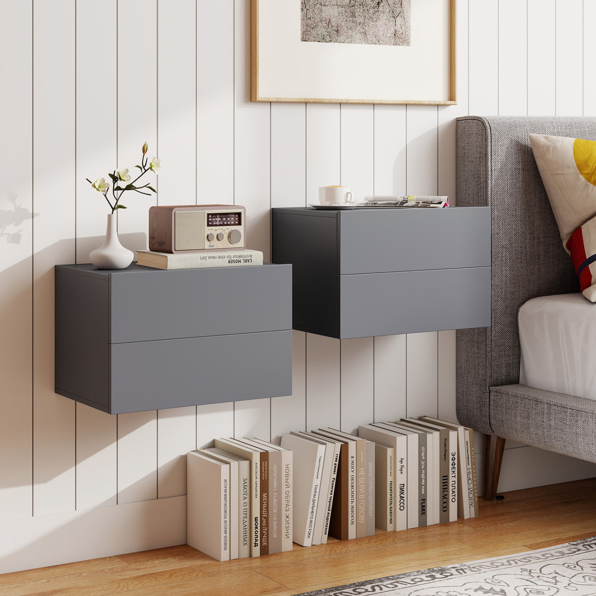 Floating Wall Nightstand with 2 Storage Drawers, Black - Set of 2
