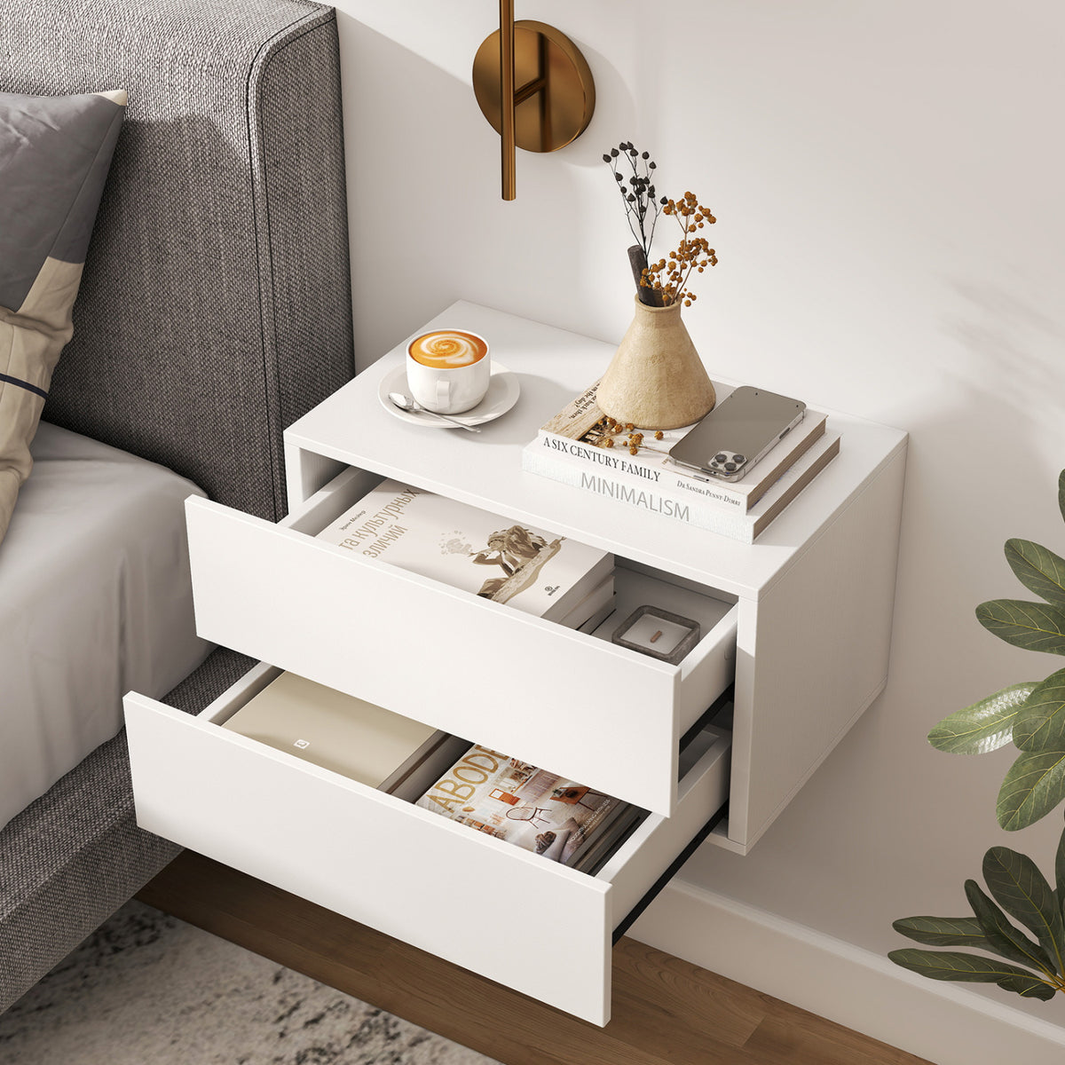 Floating Nightstand with 2 Drawers Wall Mounted – White