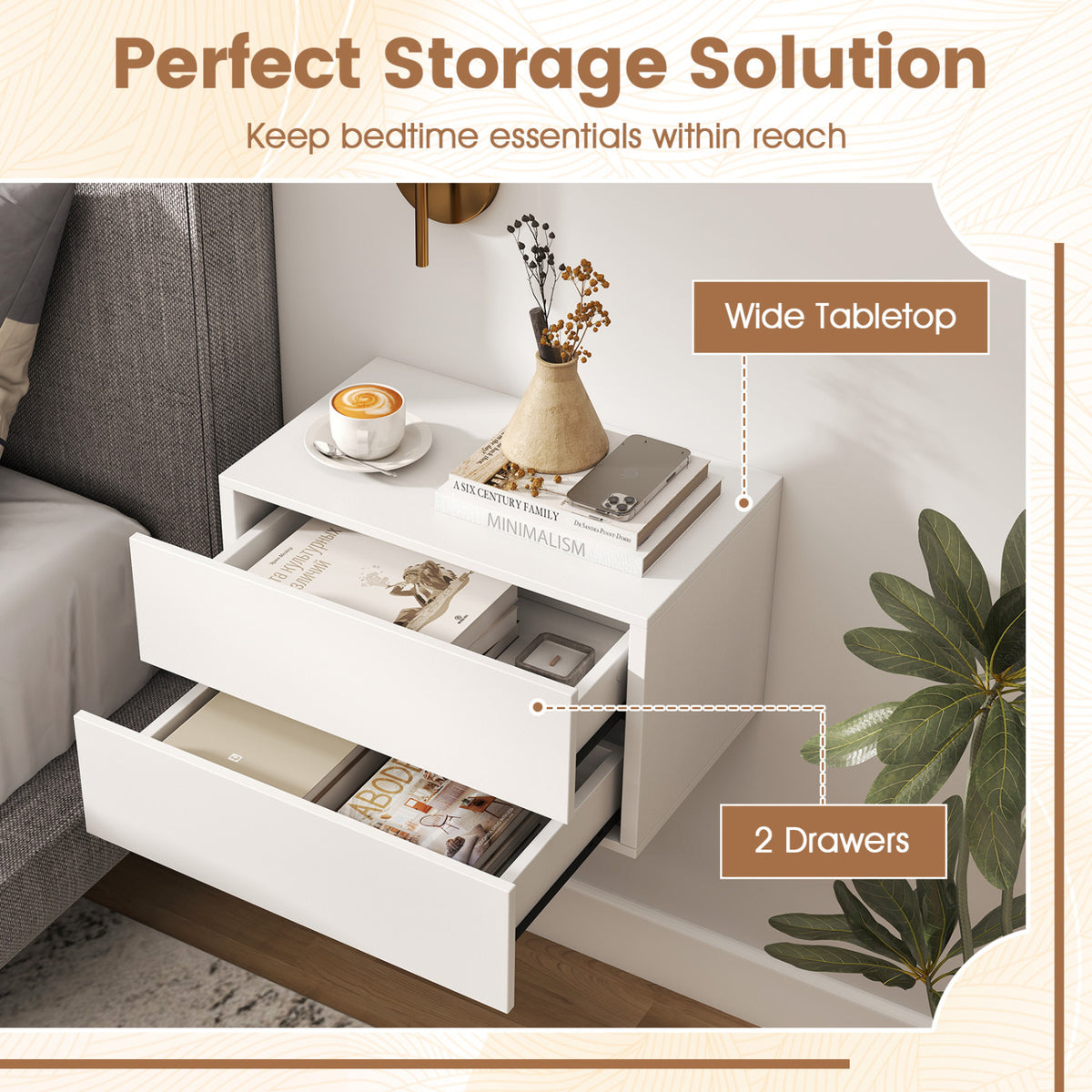 Floating Nightstand with 2 Drawers - White