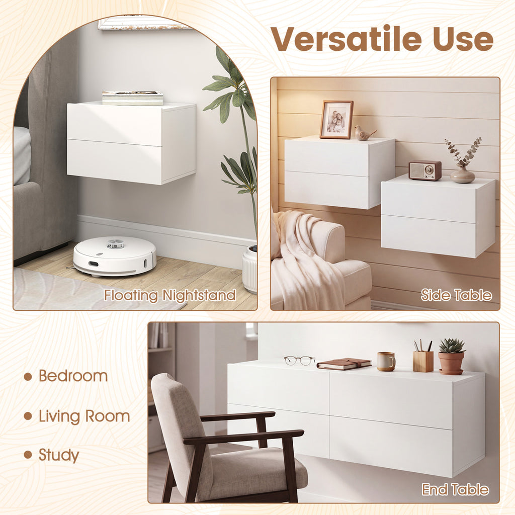 Floating Nightstand with 2 Drawers Wall Mounted – White