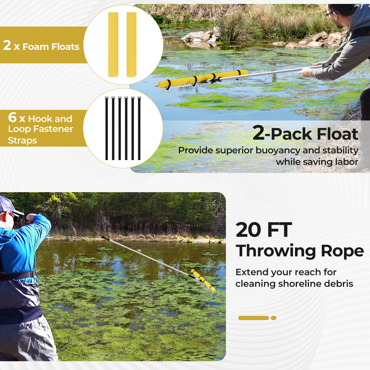 Floating Weed Lake Rake 36” Aquatic Pond Cutter with Foam Floats