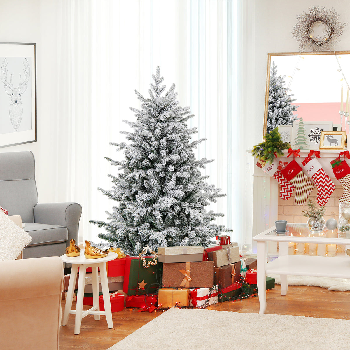 4.5 ft Flocked Christmas Tree with Multi-Color LED Lights & 8 Lighting Modes - Costway