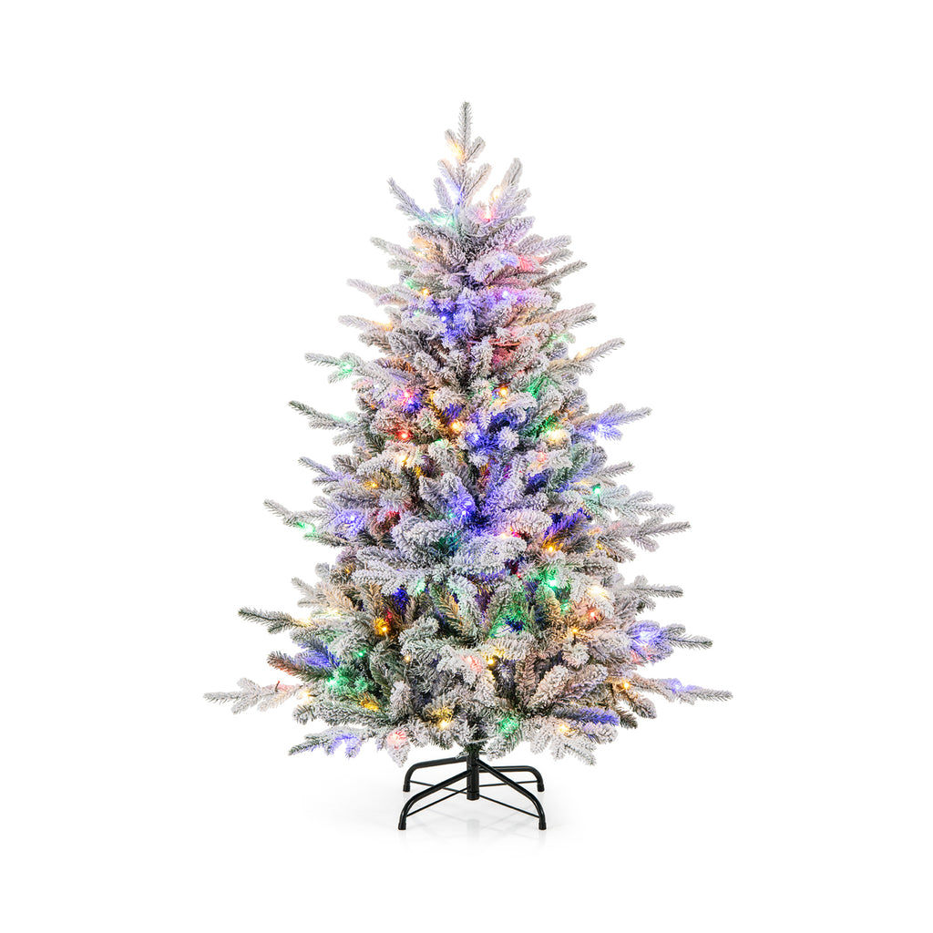 4.5 ft Flocked Christmas Tree with Multi-Color LED Lights & 8 Lighting Modes - Costway