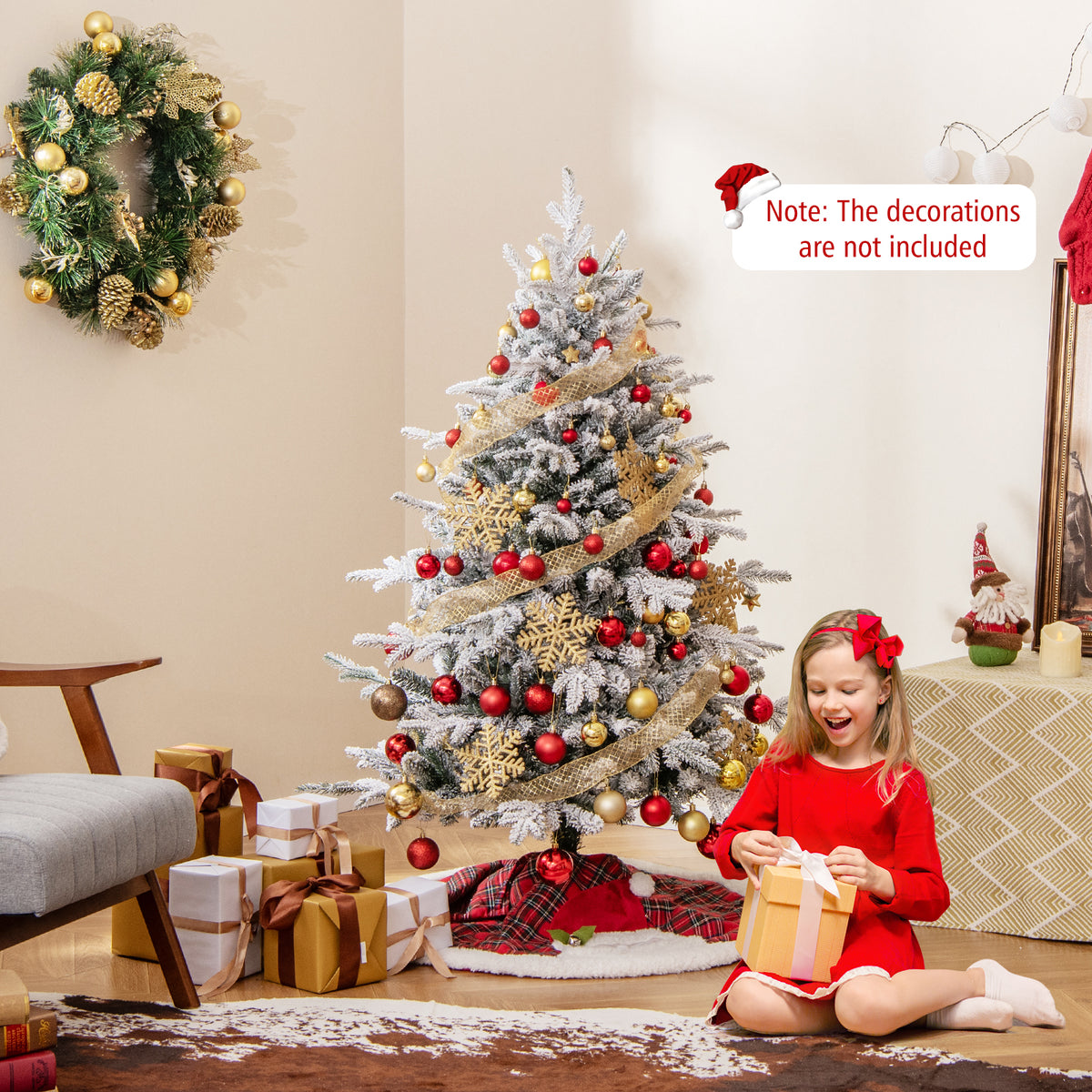 4.5 ft Flocked Christmas Tree with Multi-Color LED Lights & 8 Lighting Modes - Costway