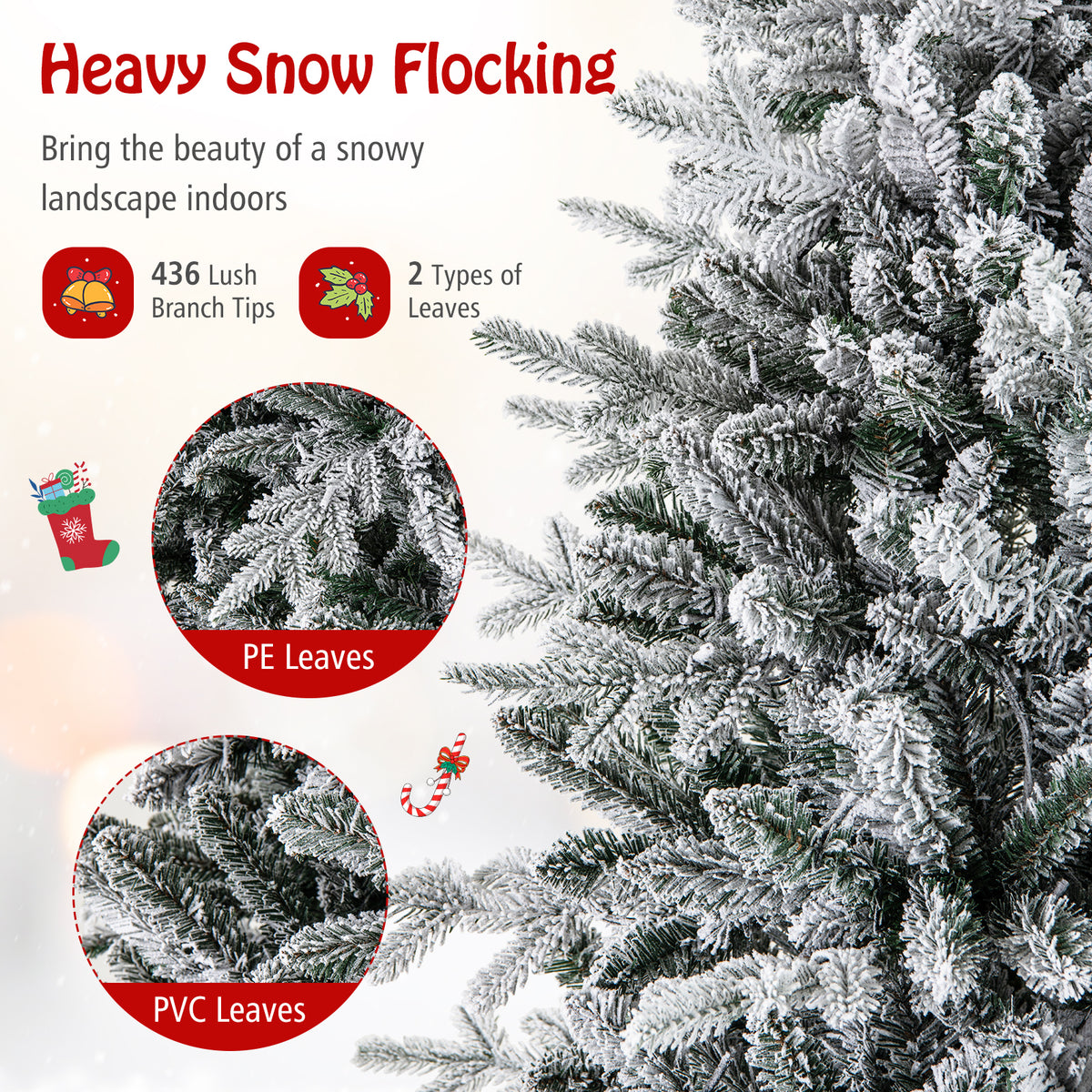 4.5 ft Flocked Christmas Tree with Multi-Color LED Lights & 8 Lighting Modes - Costway