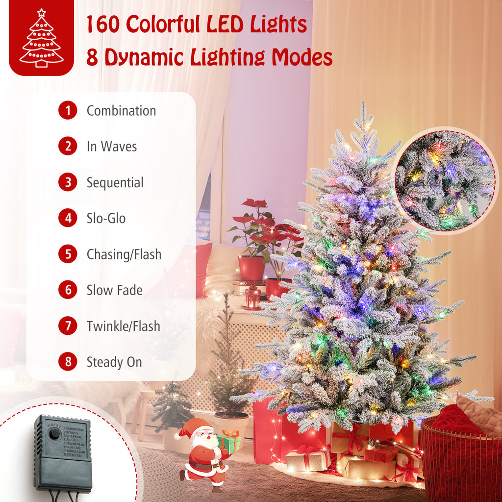 4.5 ft Flocked Christmas Tree with Multi-Color LED Lights & 8 Lighting Modes - Costway