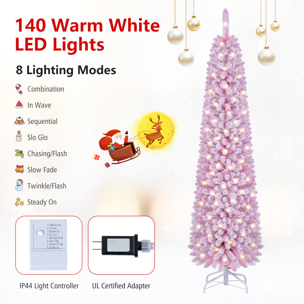 6 Ft Flocked Pre-Lit Artificial Christmas Tree with 8 Lighting Modes