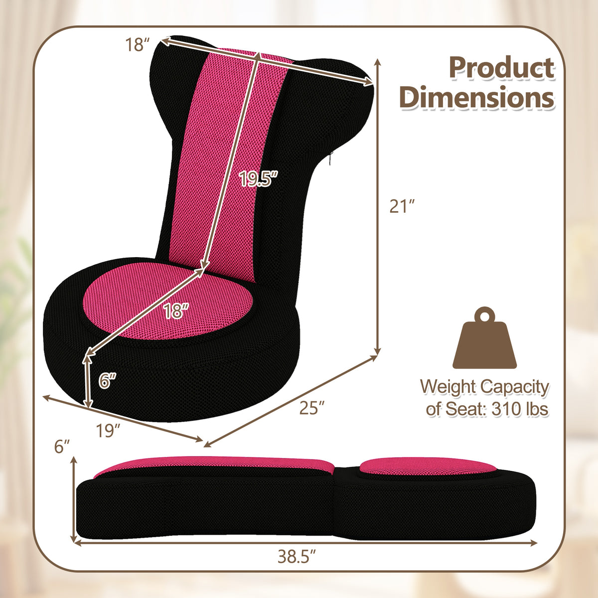 Floor Gaming Chair with Adjustable Headrest & Backrest - Pink