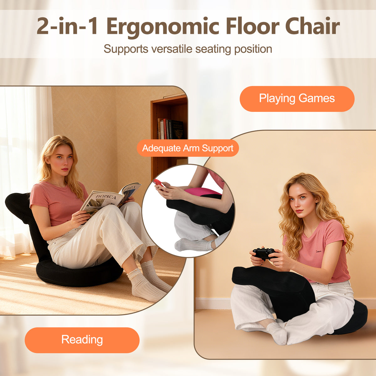 Floor Gaming Chair with Adjustable Headrest & Backrest - Pink