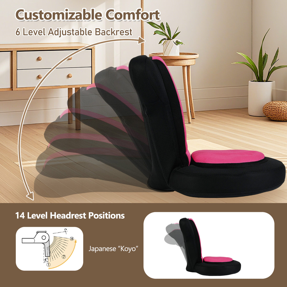Floor Gaming Chair with Adjustable Headrest & Backrest - Pink