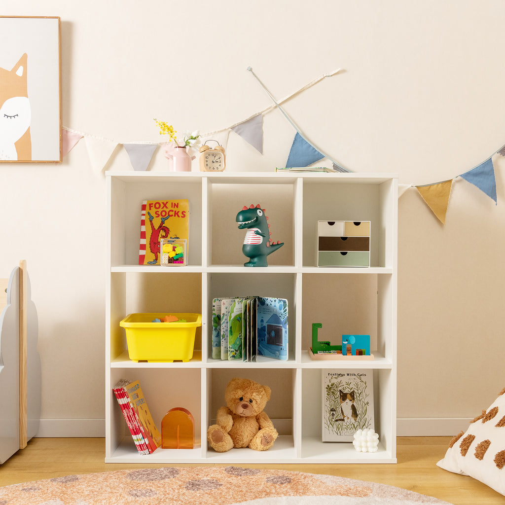 White Wooden Kids Bookcase with Storage Cubbies and Anti-Tip Devices - Costway