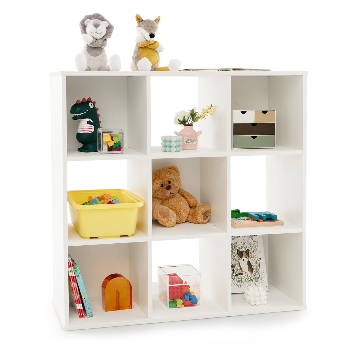 White Wooden Kids Bookcase with Storage Cubbies and Anti-Tip Devices - Costway