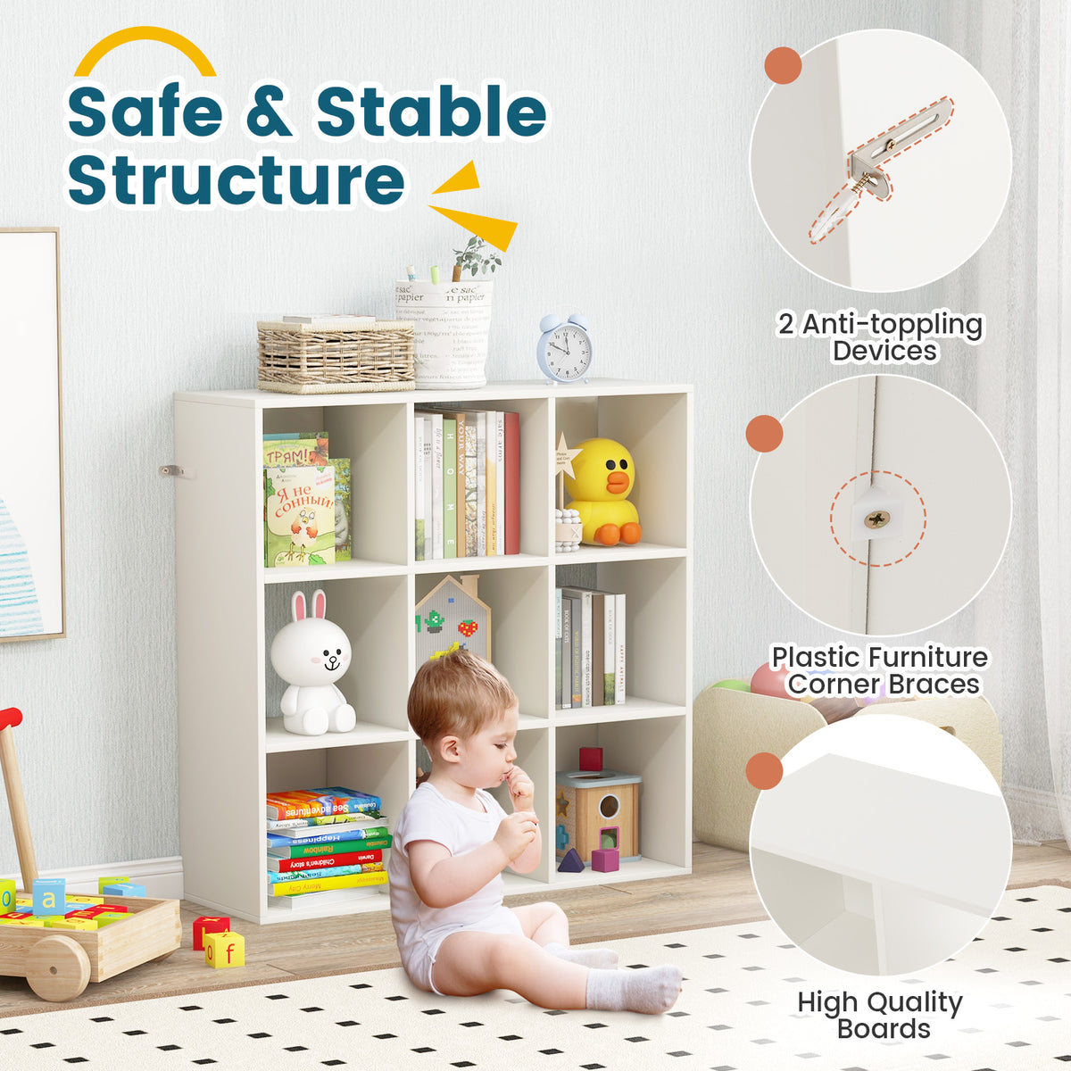 White Wooden Kids Bookcase with Storage Cubbies and Anti-Tip Devices - Costway