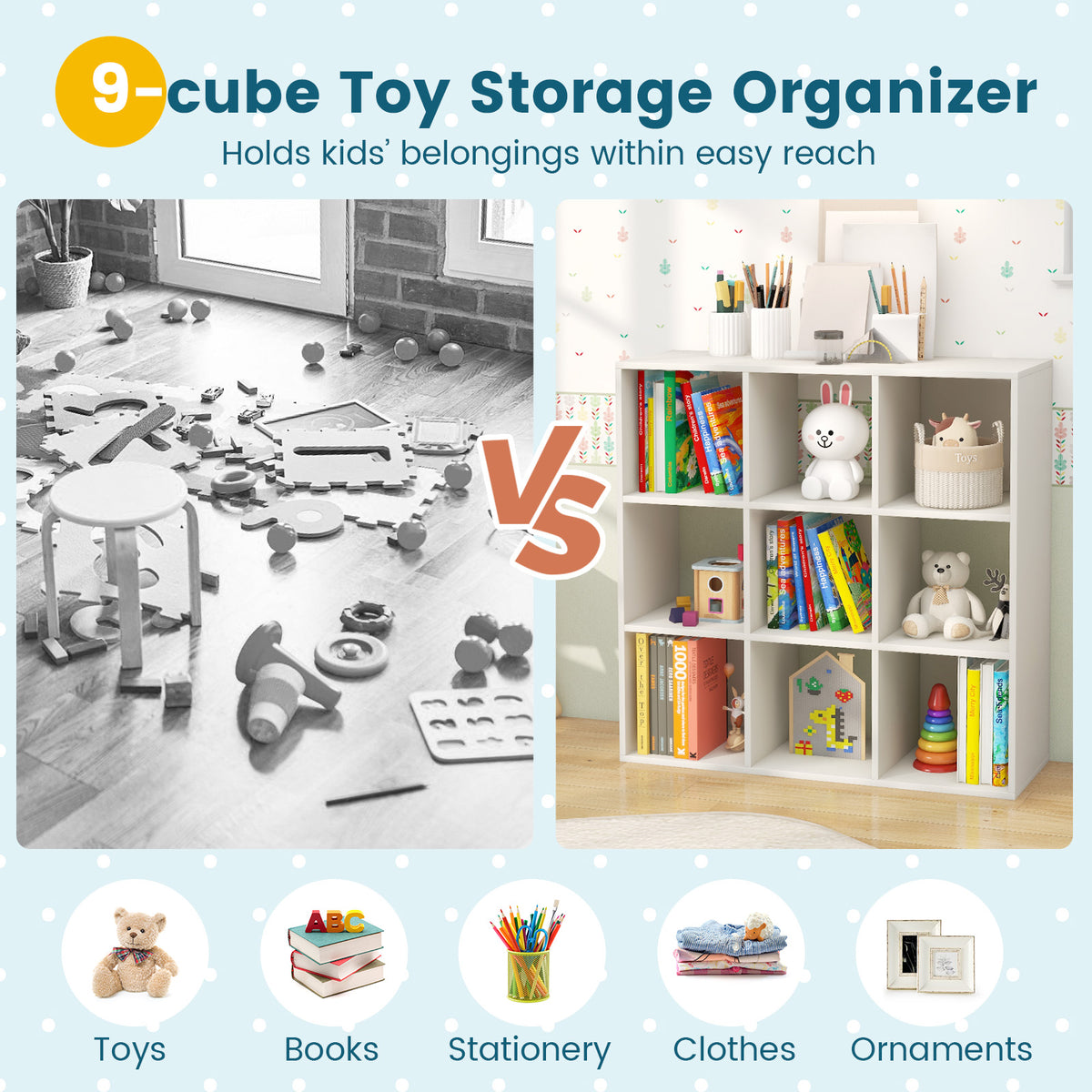 White Wooden Kids Bookcase with Storage Cubbies and Anti-Tip Devices - Costway