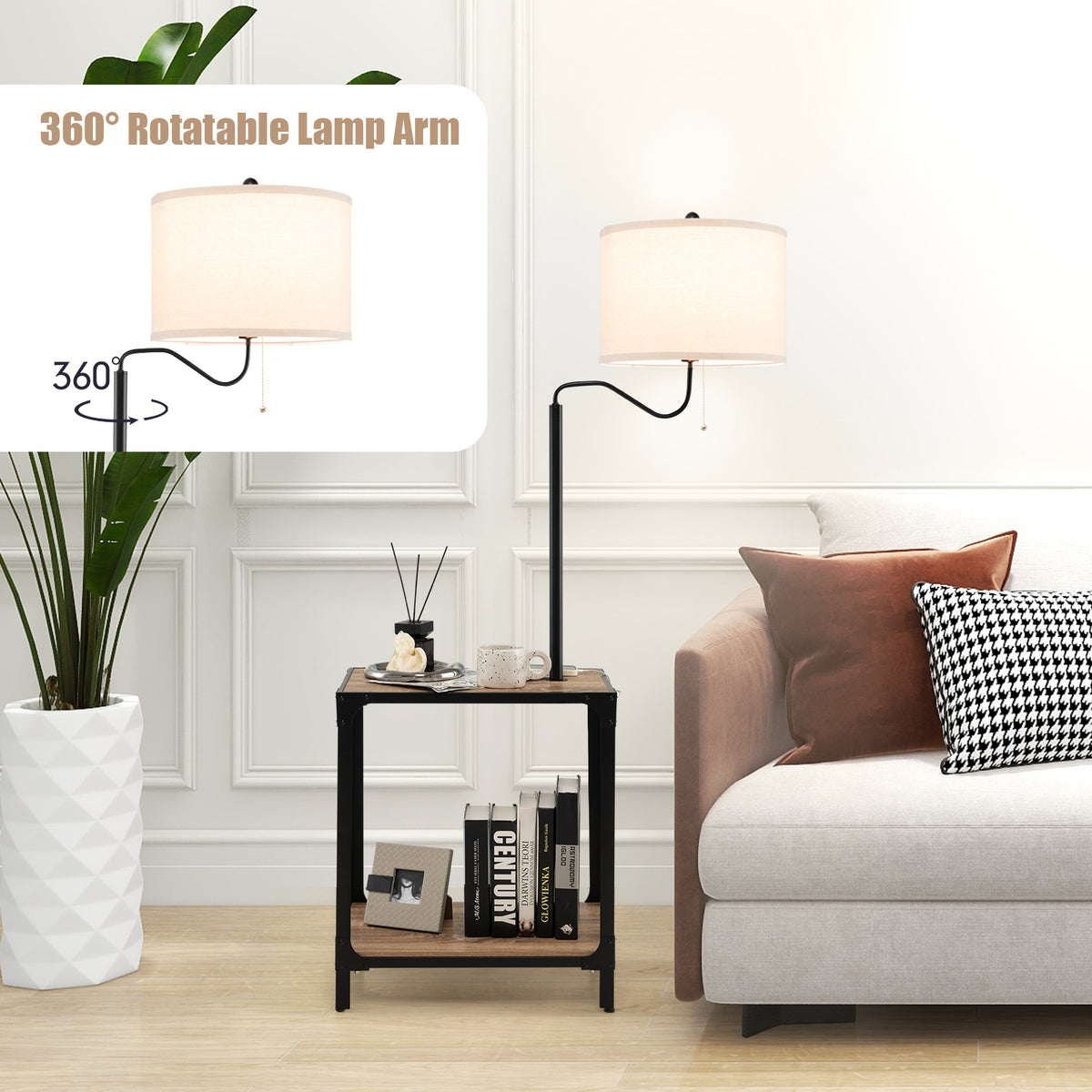 Rotatable Floor Lamp with End Table and USB Charging Ports - Modern Home Lighting