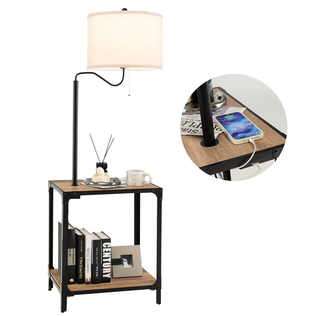 Rotatable Floor Lamp with End Table and USB Charging Ports - Modern Home Lighting
