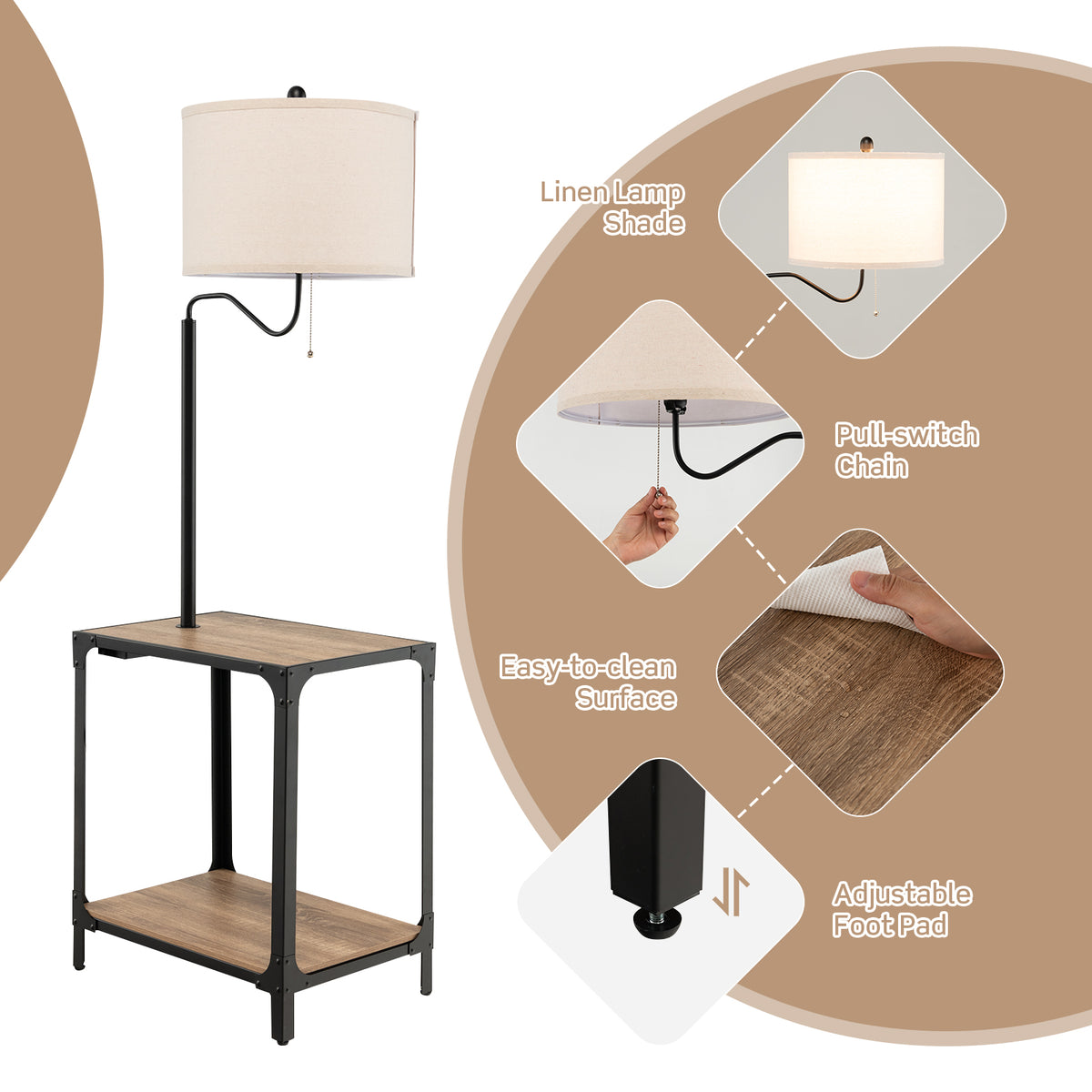 Rotatable Floor Lamp with End Table and USB Charging Ports - Modern Home Lighting