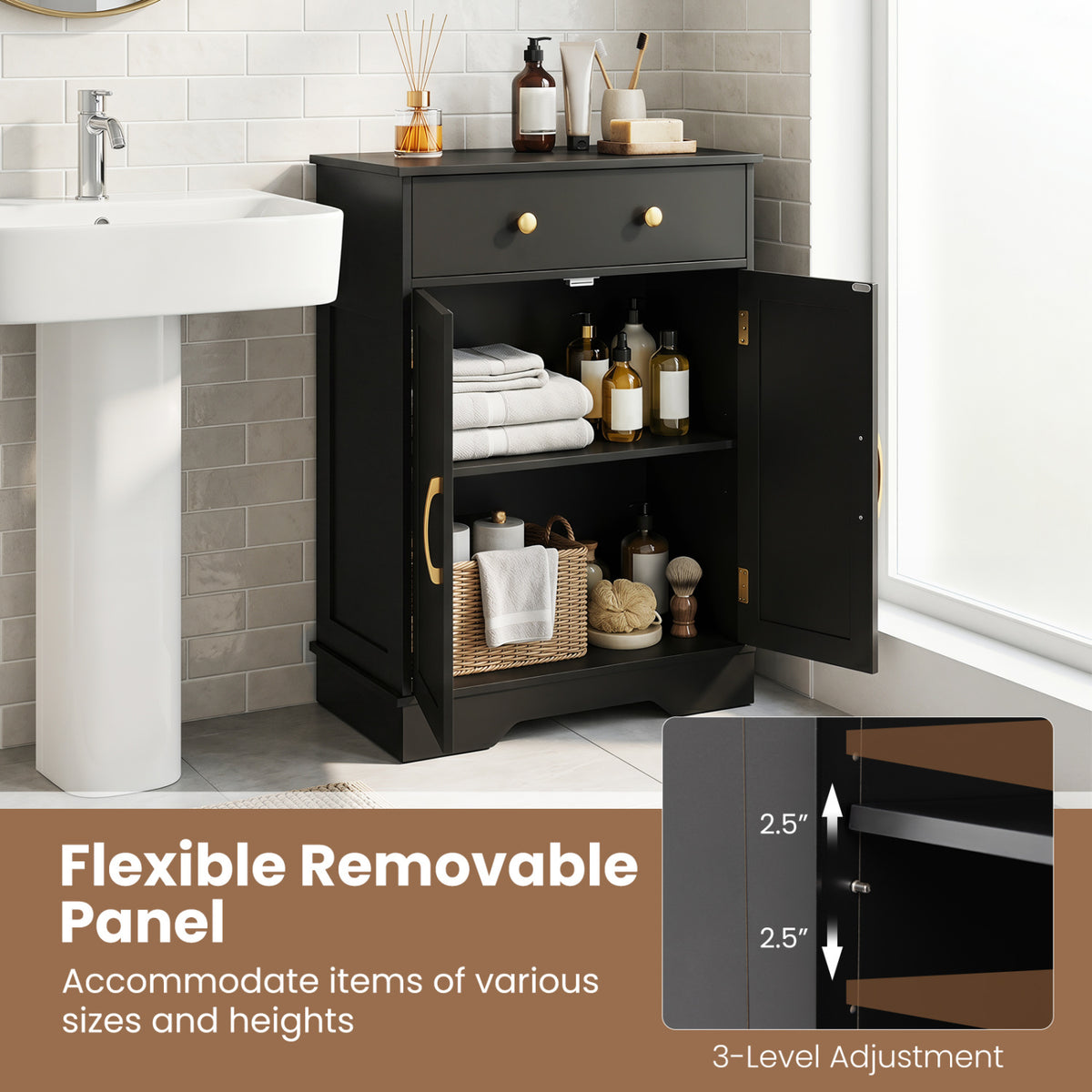 Floor Storage Cabinet with Drawer - 31.5" H, Black
