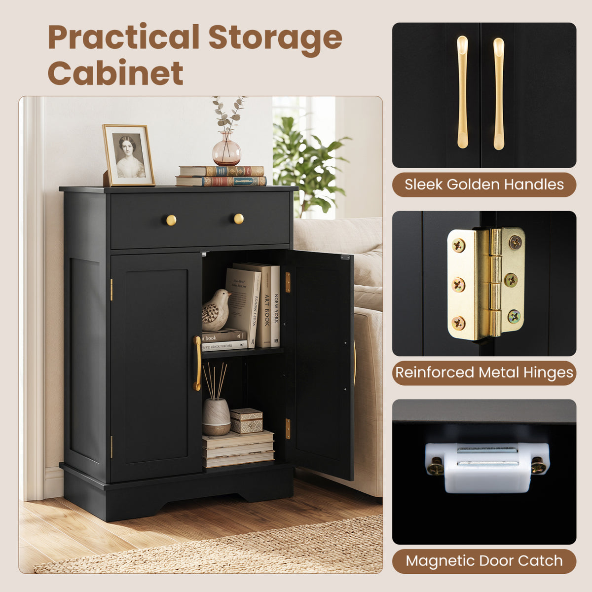 Floor Storage Cabinet with Drawer - 31.5" H, Black