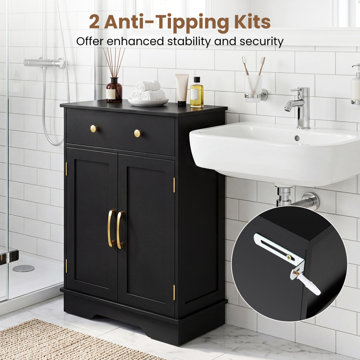 Floor Storage Cabinet with Drawer - 31.5" H, Black