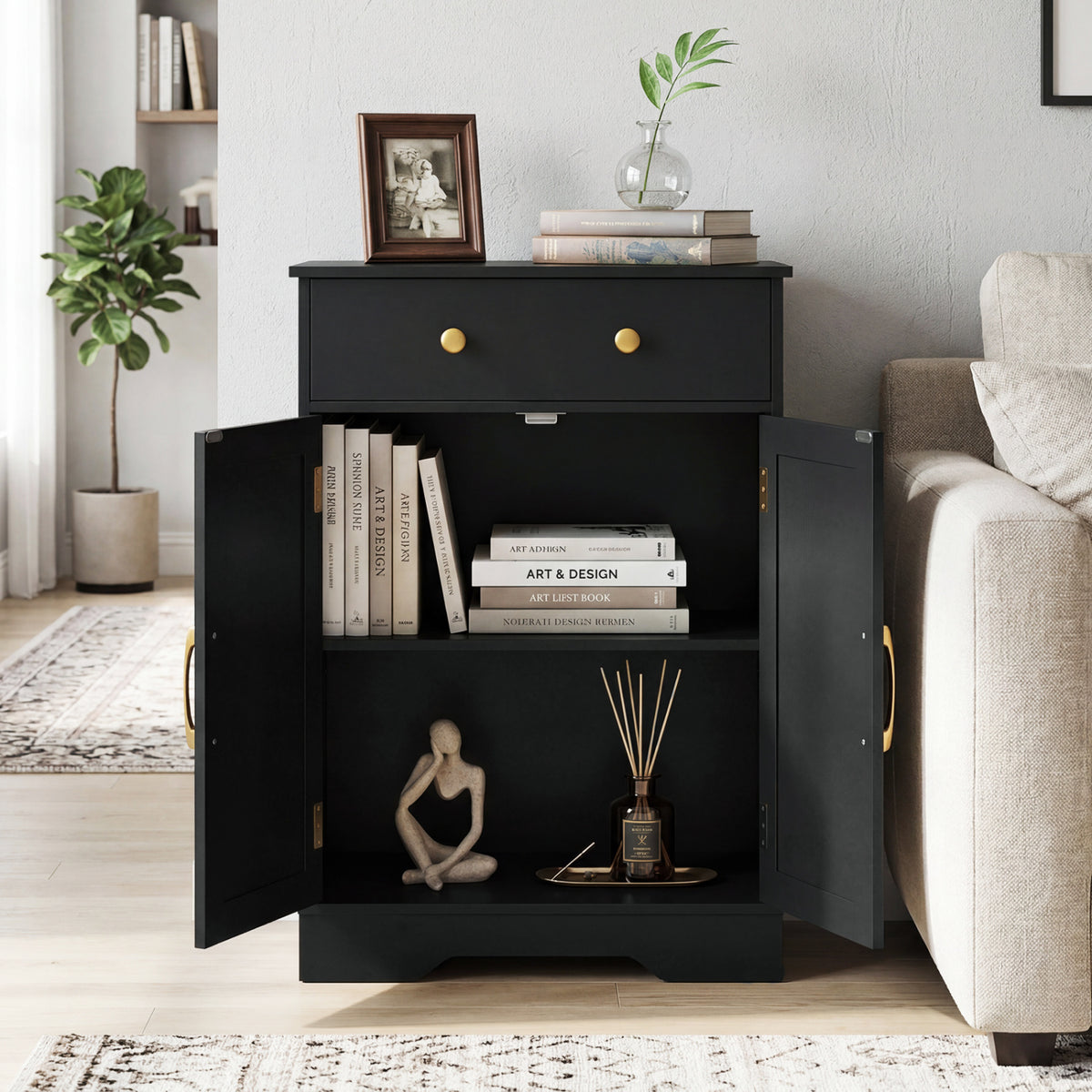Floor Storage Cabinet with Drawer - 31.5" H, Black