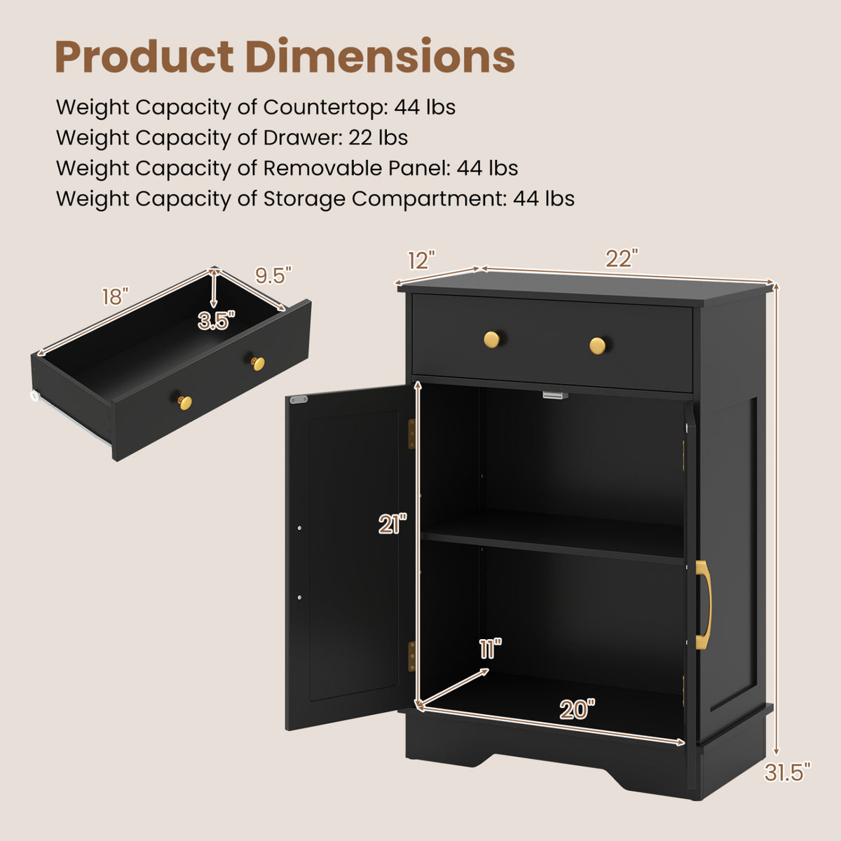Floor Storage Cabinet with Drawer - 31.5" H, Black