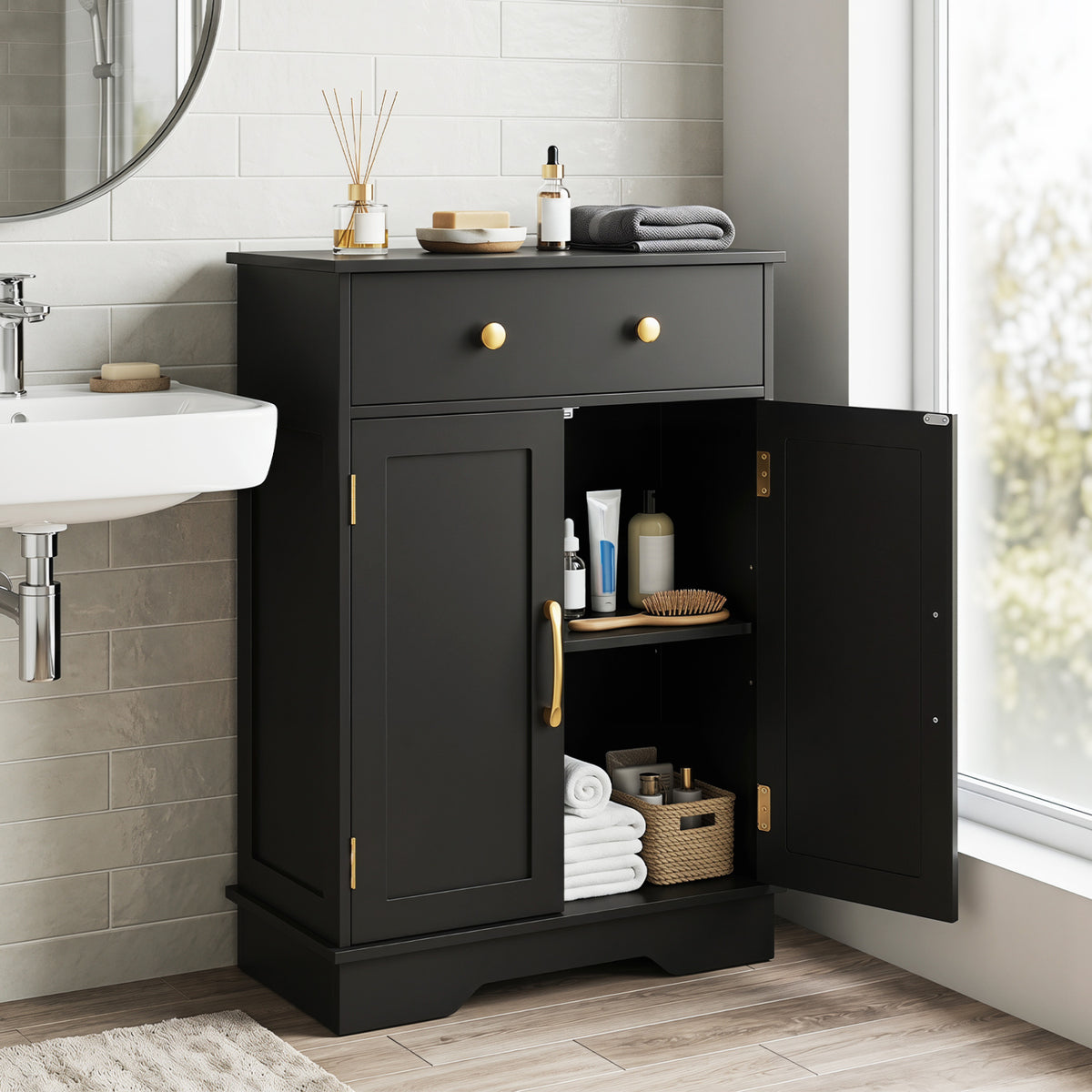 Floor Storage Cabinet with Drawer - 31.5" H, Black