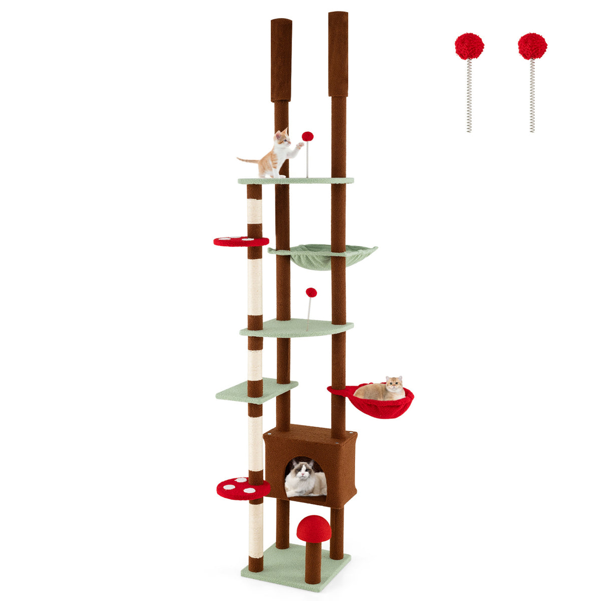 Adjustable Floor to Ceiling Cat Tree with Mushroom Pattern, Condo & Hammock - Brown Variation