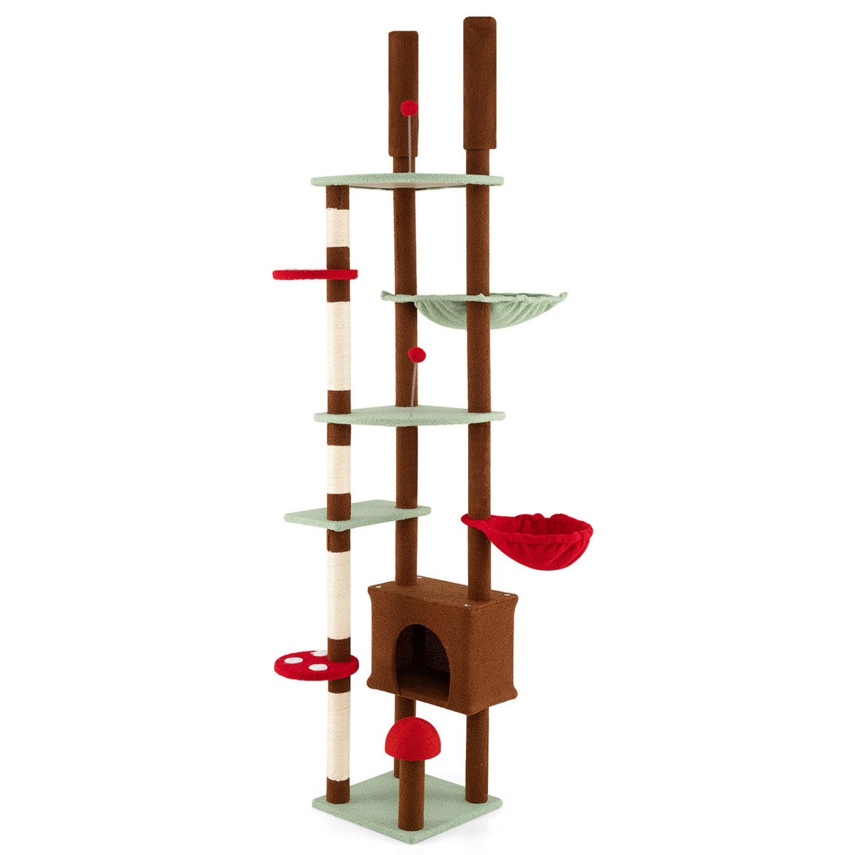 Adjustable Floor to Ceiling Cat Tree with Mushroom Pattern, Condo & Hammock - Brown Variation