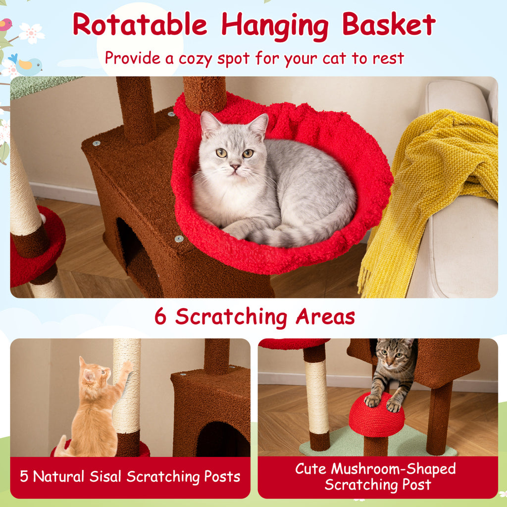 Adjustable Floor to Ceiling Cat Tree with Mushroom Pattern, Condo & Hammock - Brown Variation