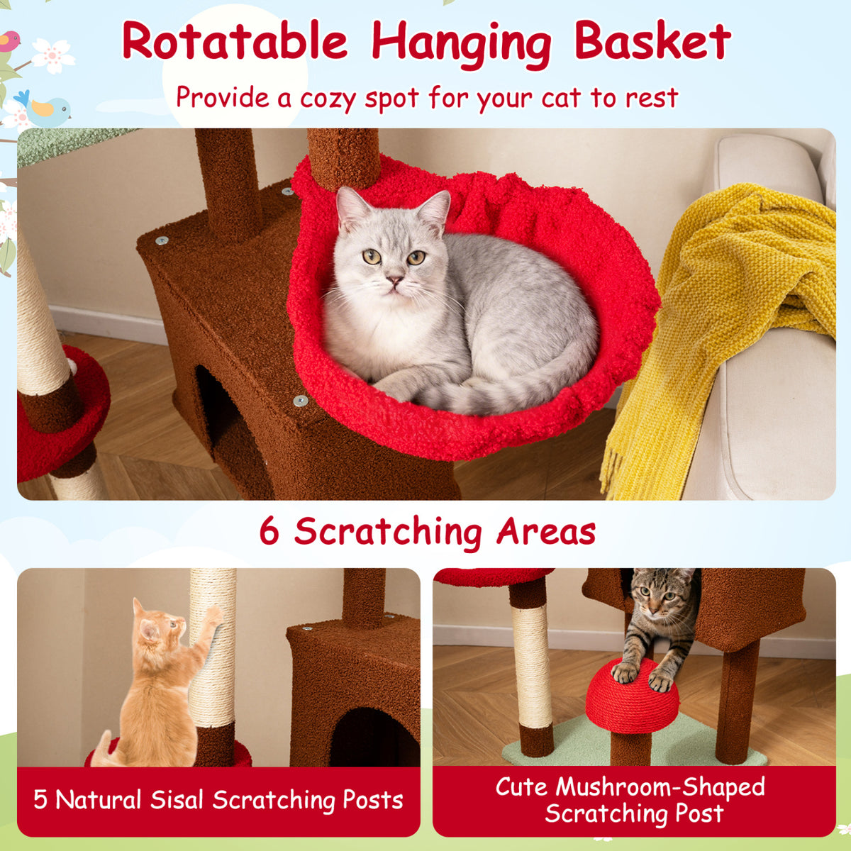 Adjustable Floor to Ceiling Cat Tree with Mushroom Pattern, Condo & Hammock - Brown Variation