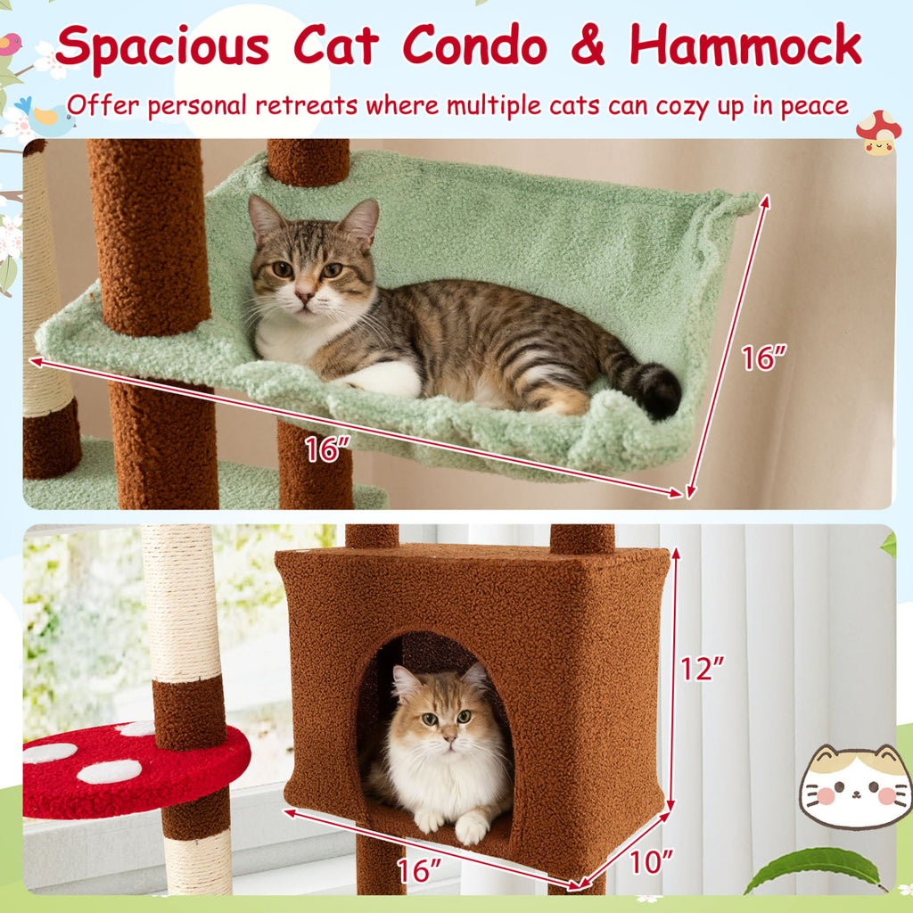 Adjustable Floor to Ceiling Cat Tree with Mushroom Pattern, Condo & Hammock - Brown Variation