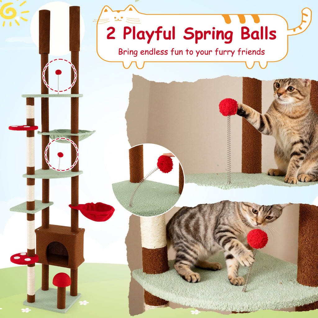 Adjustable Floor to Ceiling Cat Tree with Mushroom Pattern, Condo & Hammock - Brown Variation