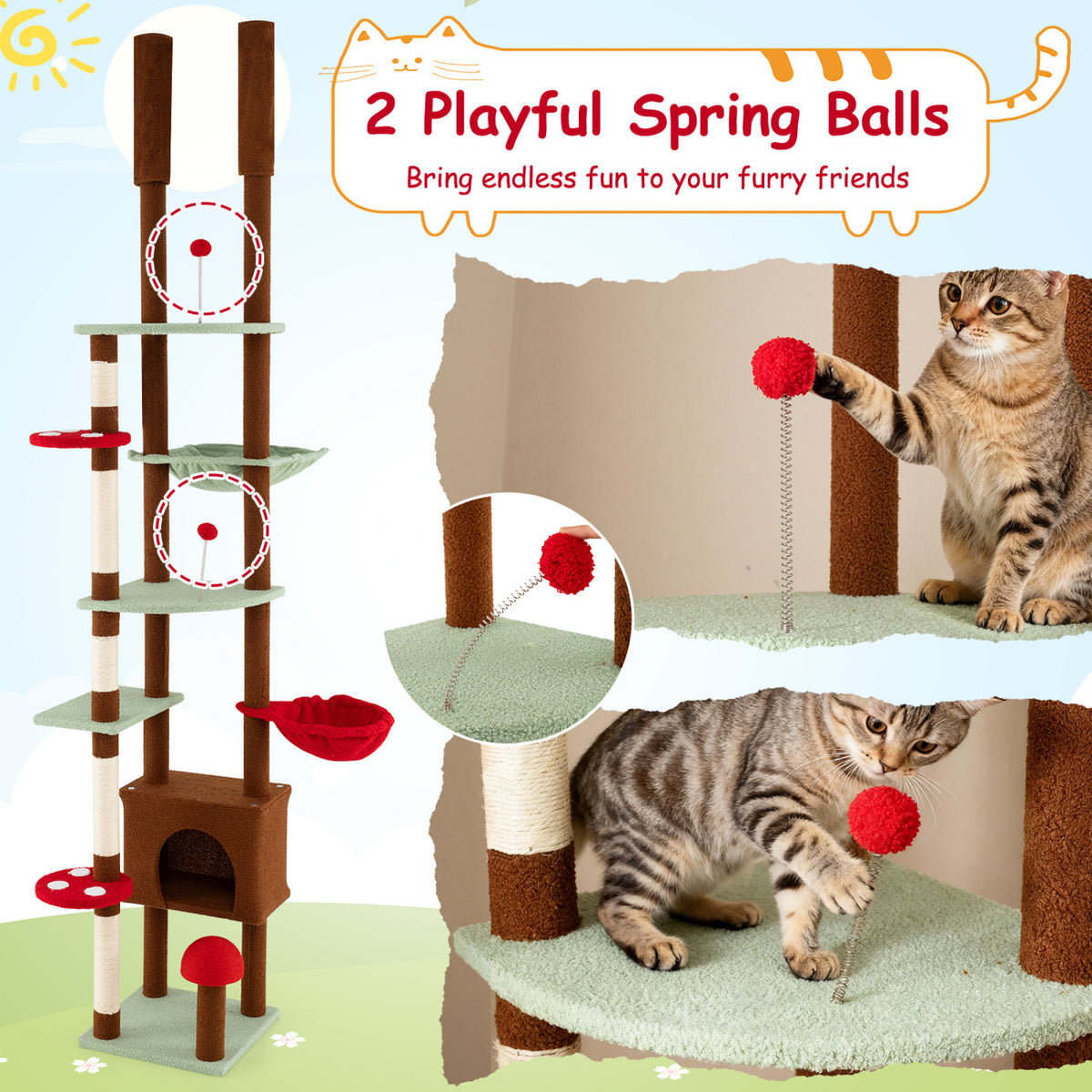 Adjustable Floor to Ceiling Cat Tree with Mushroom Pattern, Condo & Hammock - Brown Variation