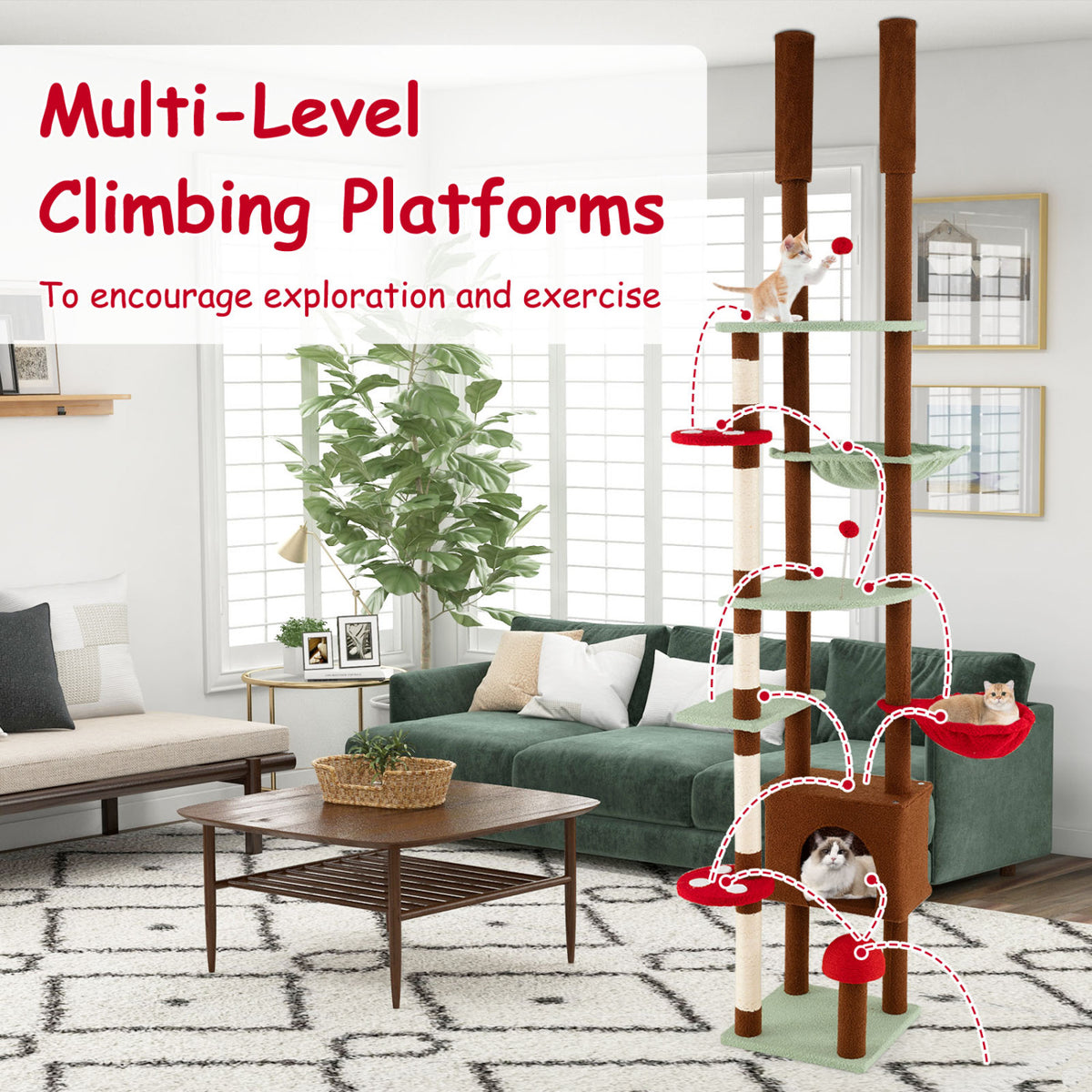 Adjustable Floor to Ceiling Cat Tree with Mushroom Pattern, Condo & Hammock - Brown Variation
