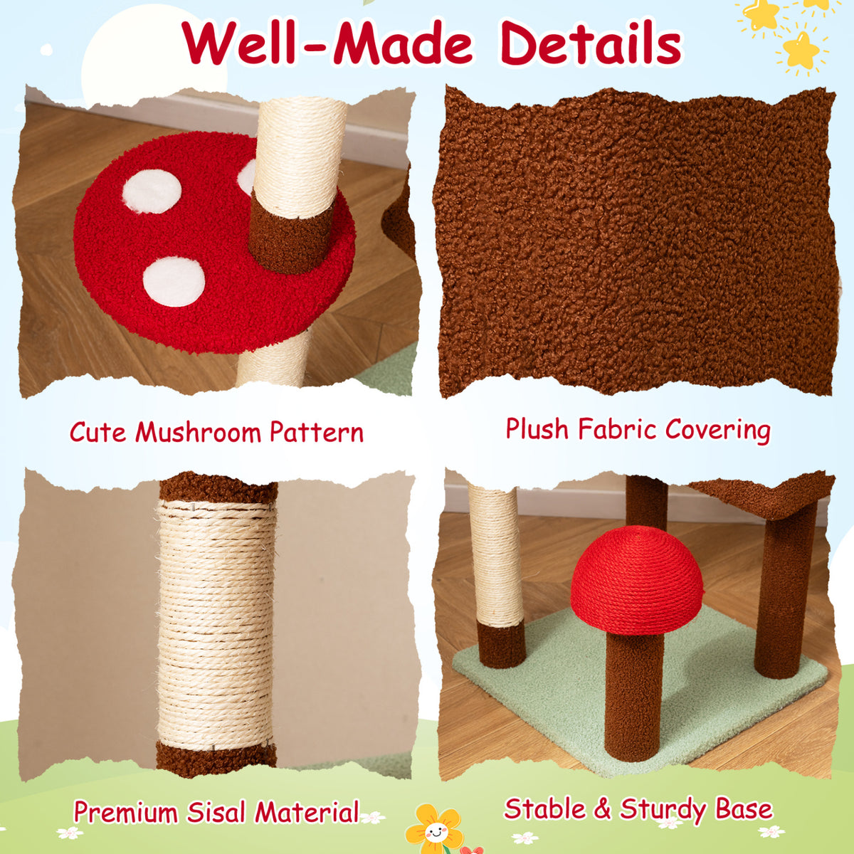 Adjustable Floor to Ceiling Cat Tree with Mushroom Pattern, Condo & Hammock - Brown Variation