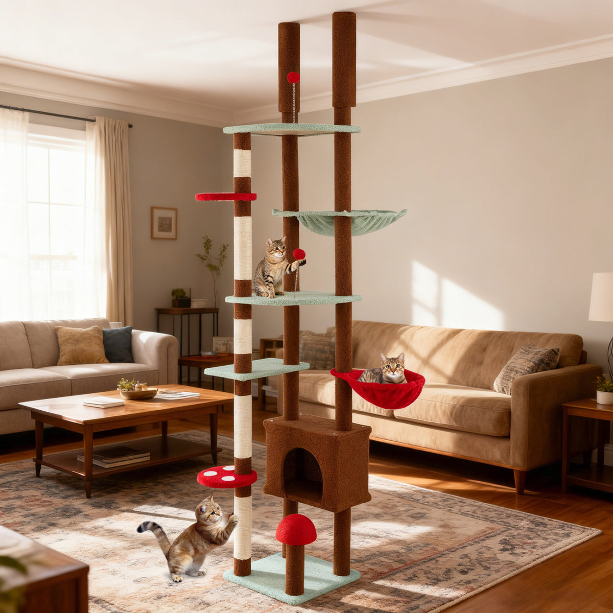 Adjustable Floor to Ceiling Cat Tree with Mushroom Pattern, Condo & Hammock - Brown Variation