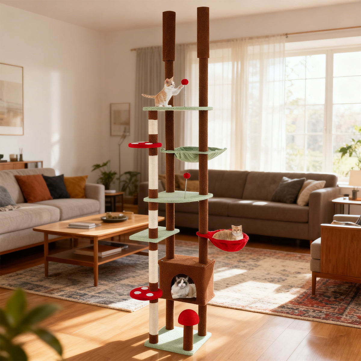 Adjustable Floor to Ceiling Cat Tree with Mushroom Pattern, Condo & Hammock - Brown Variation