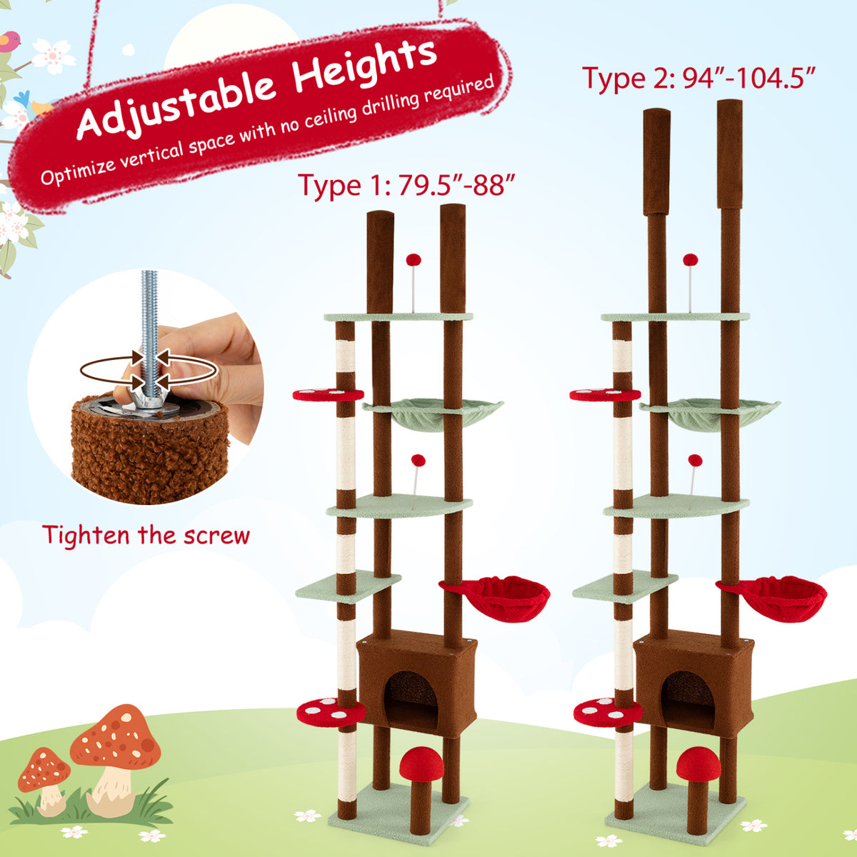 Adjustable Floor to Ceiling Cat Tree with Mushroom Pattern, Condo & Hammock - Brown Variation