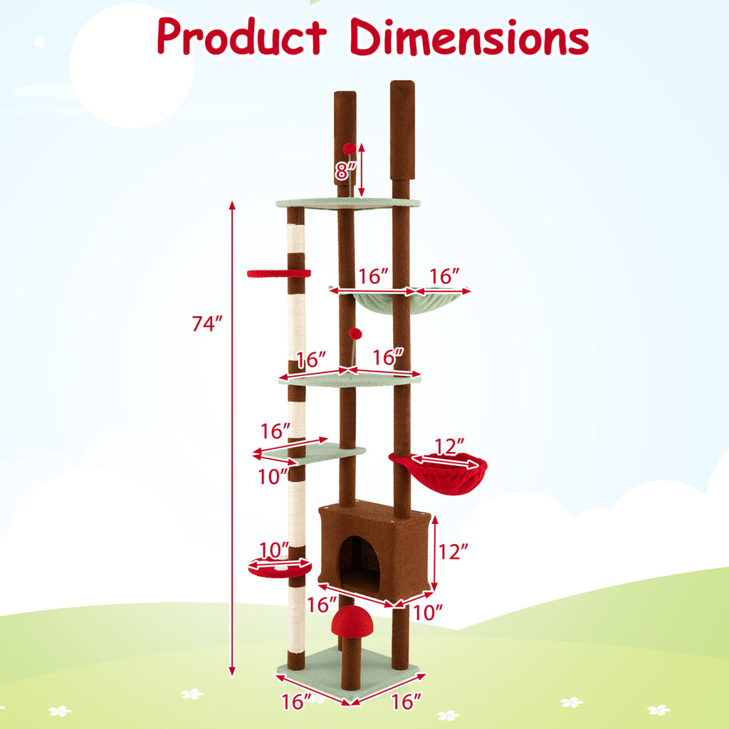 Adjustable Floor to Ceiling Cat Tree with Mushroom Pattern, Condo & Hammock - Brown Variation