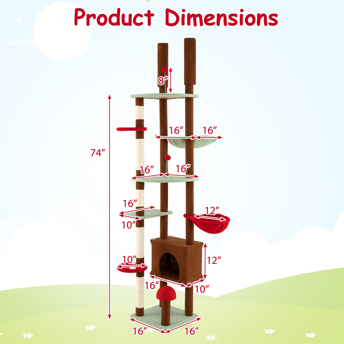 Adjustable Floor to Ceiling Cat Tree with Mushroom Pattern, Condo & Hammock - Brown Variation