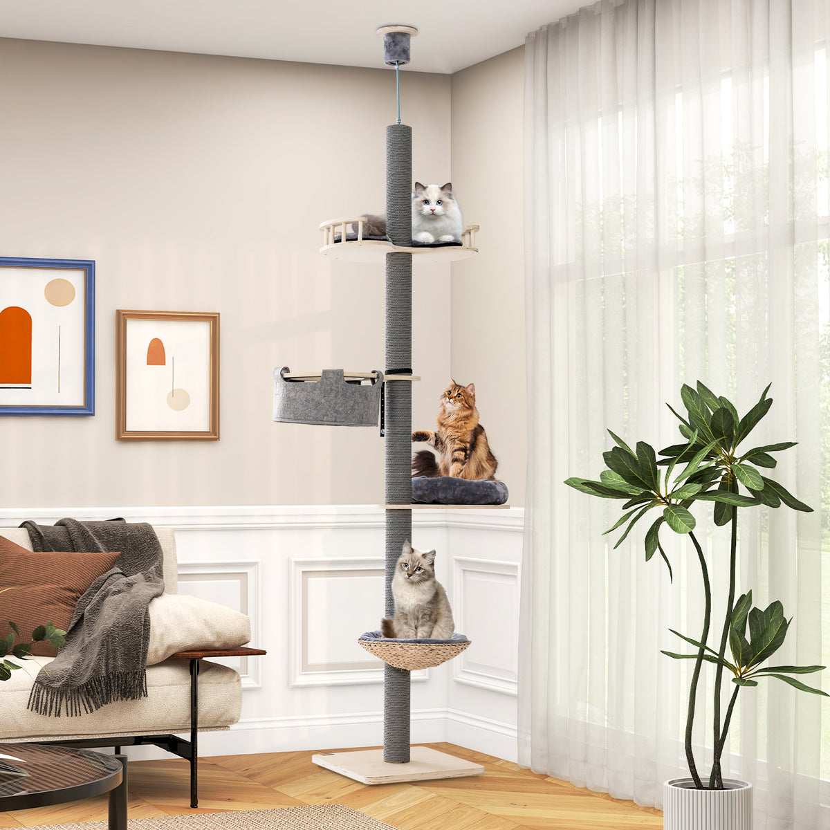 Cat Tree with Adjustable Height 93-107 Inch - Gray Floor to Ceiling Cat Tower