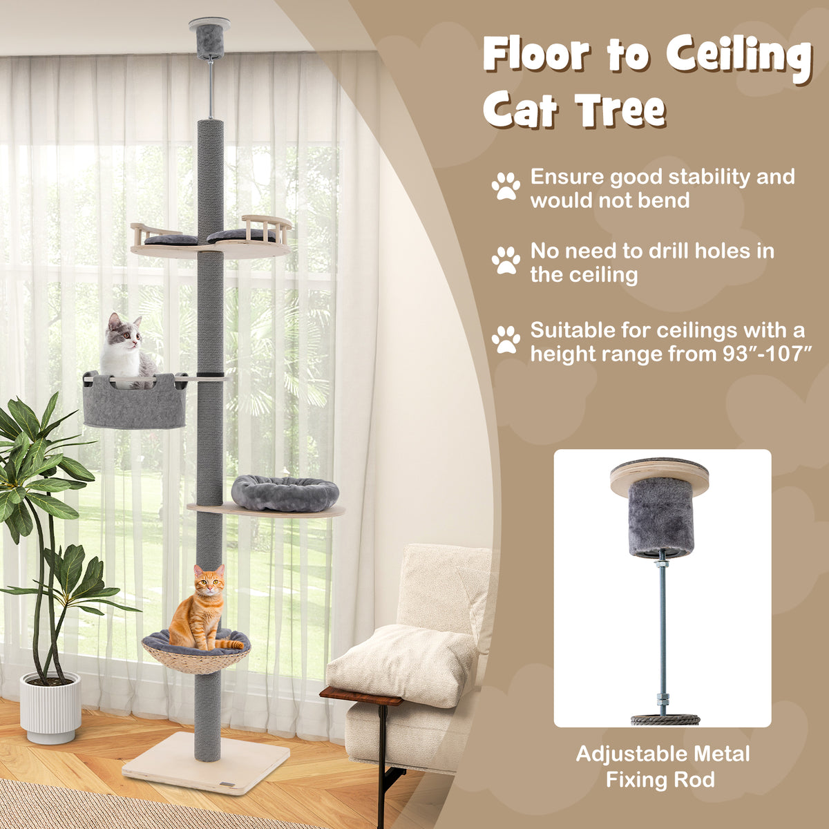 Cat Tree with Adjustable Height 93-107 Inch - Gray Floor to Ceiling Cat Tower