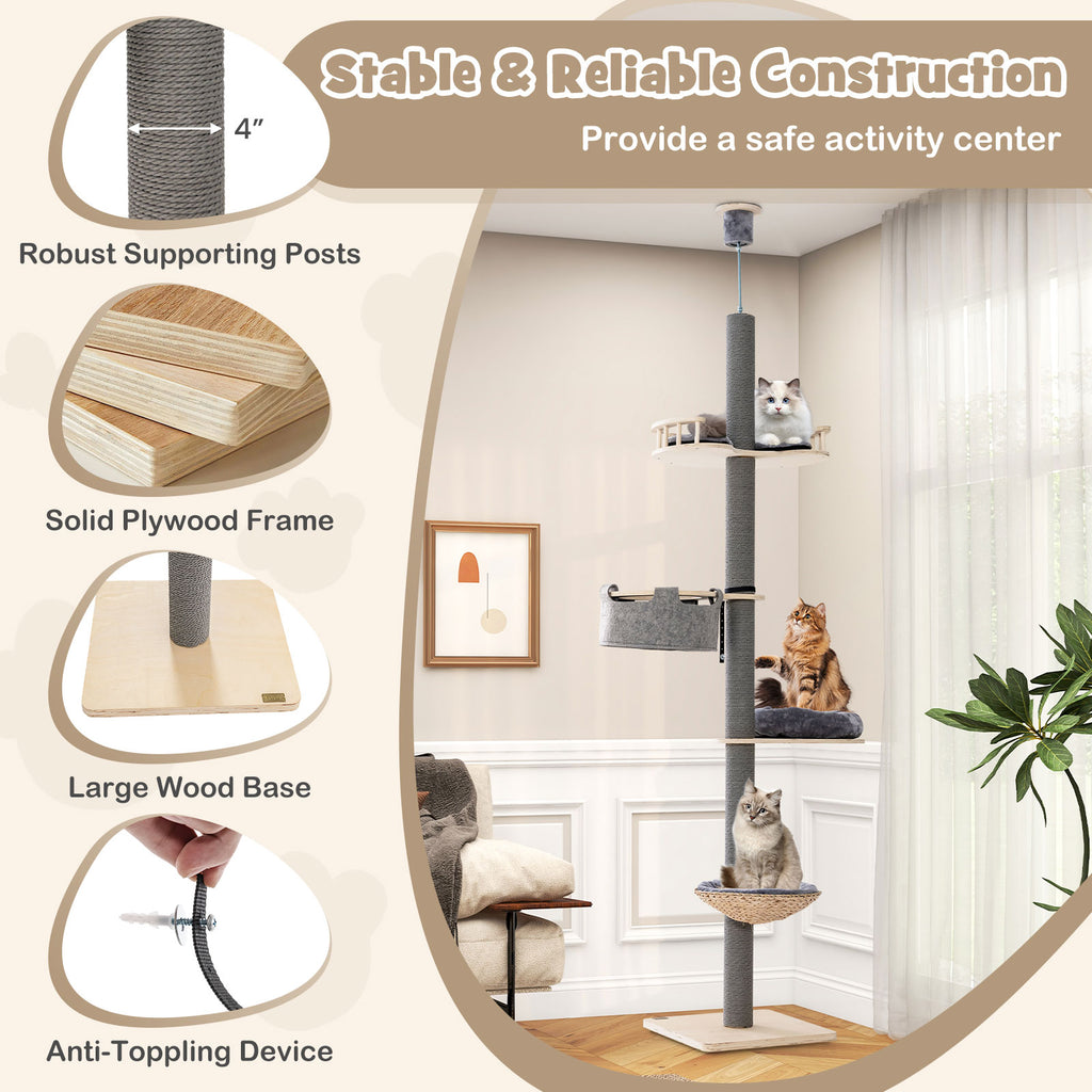 Cat Tree with Adjustable Height 93-107 Inch - Gray Floor to Ceiling Cat Tower