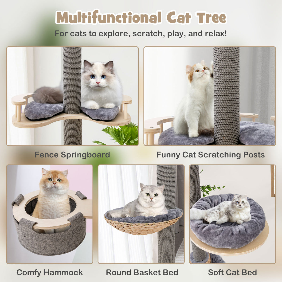 Cat Tree with Adjustable Height 93-107 Inch - Gray Floor to Ceiling Cat Tower