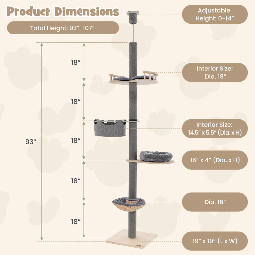 Cat Tree with Adjustable Height 93-107 Inch - Gray Floor to Ceiling Cat Tower