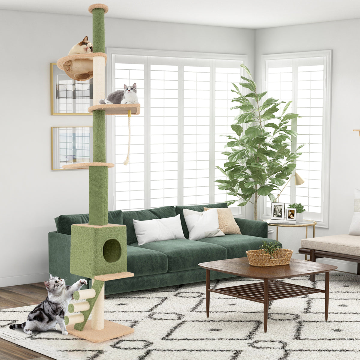 Adjustable Floor to Ceiling Cat Tree with Extra Post - Green, 86-99.5 Inch