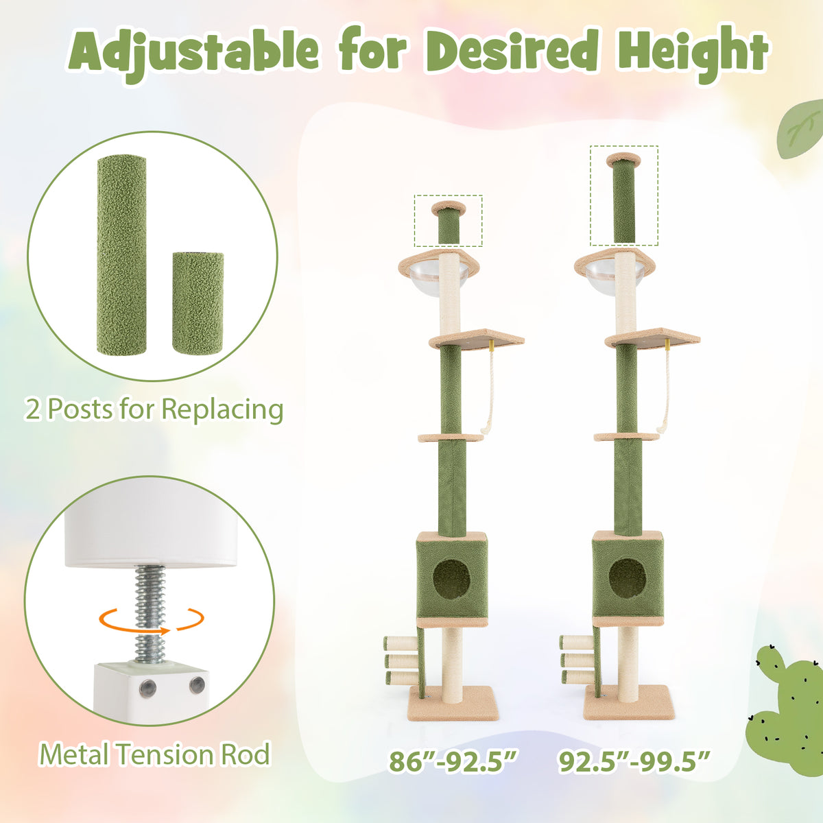 Adjustable Floor to Ceiling Cat Tree with Extra Post - Green, 86-99.5 Inch
